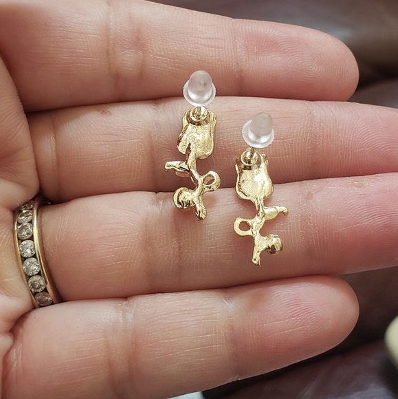 Gold Rhinestone Rose Earrings - Picture 2 of 6
